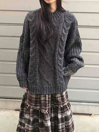 Cable Lace Mix Puff Sleeve Loose Fit Knit