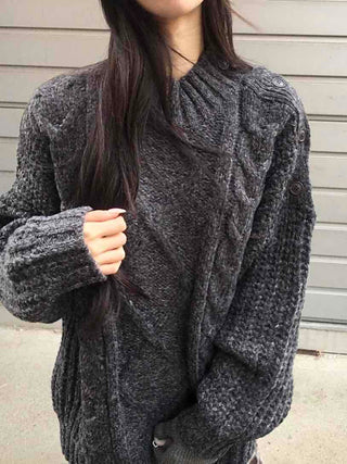 Cable Lace Mix Puff Sleeve Loose Fit Knit
