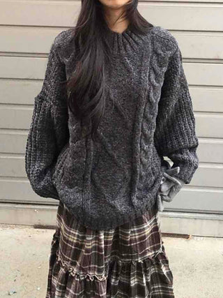 Cable Lace Mix Puff Sleeve Loose Fit Knit