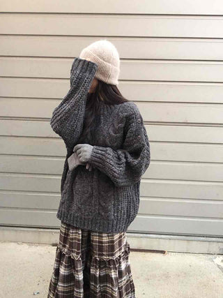 Cable Lace Mix Puff Sleeve Loose Fit Knit