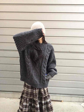 Cable Lace Mix Puff Sleeve Loose Fit Knit
