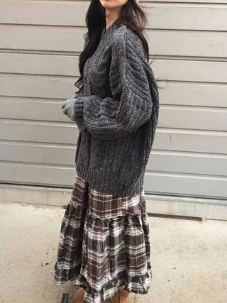 Cable Lace Mix Puff Sleeve Loose Fit Knit