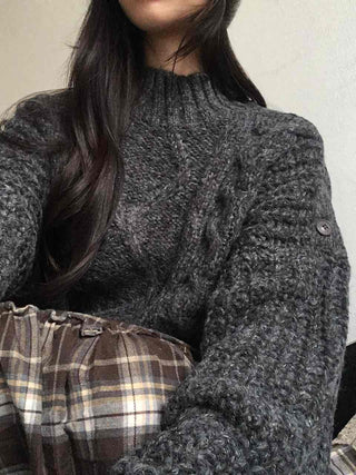 Cable Lace Mix Puff Sleeve Loose Fit Knit