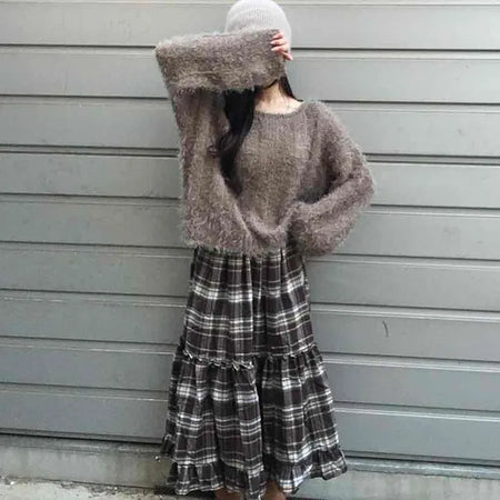 Casual Layered Striped Check Balloon Fit Maxi Skirt