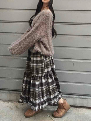 Casual Layered Striped Check Balloon Fit Maxi Skirt