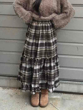 Casual Layered Striped Check Balloon Fit Maxi Skirt