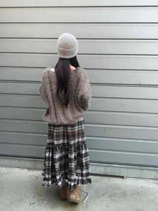 Casual Layered Striped Check Balloon Fit Maxi Skirt
