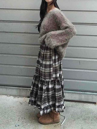 Casual Layered Striped Check Balloon Fit Maxi Skirt