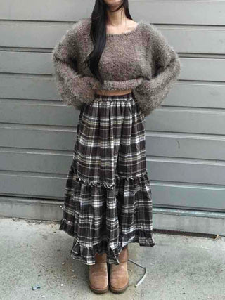 Casual Layered Striped Check Balloon Fit Maxi Skirt