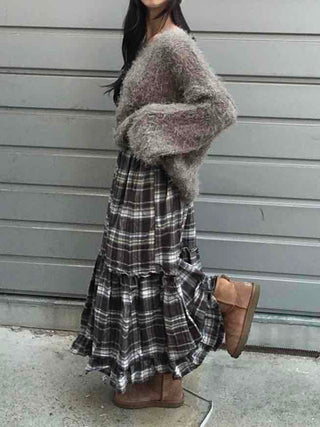 Casual Layered Striped Check Balloon Fit Maxi Skirt