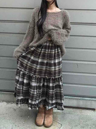 Casual Layered Striped Check Balloon Fit Maxi Skirt