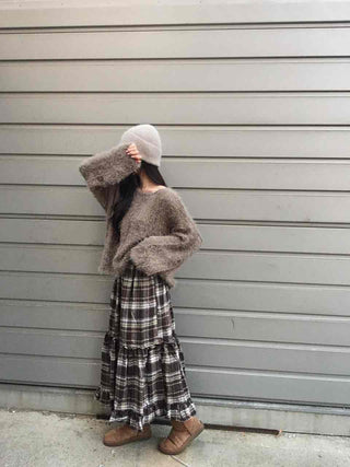 Casual Layered Striped Check Balloon Fit Maxi Skirt