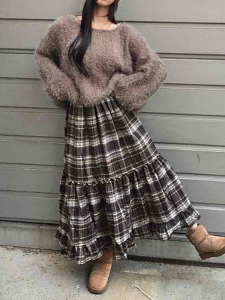 Casual Layered Striped Check Balloon Fit Maxi Skirt