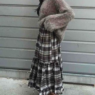 Casual Layered Striped Check Balloon Fit Maxi Skirt
