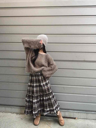 Casual Layered Striped Check Balloon Fit Maxi Skirt