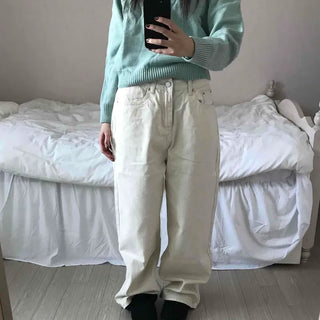 Back Buckle Point Tapered Wide Denim Pants