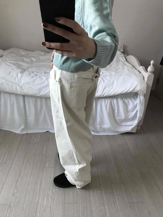 Back Buckle Point Tapered Wide Denim Pants