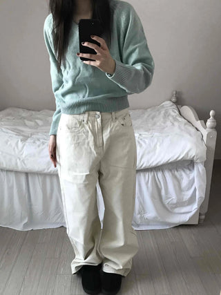 Back Buckle Point Tapered Wide Denim Pants