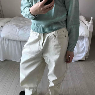 Back Buckle Point Tapered Wide Denim Pants