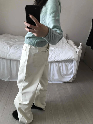 Back Buckle Point Tapered Wide Denim Pants