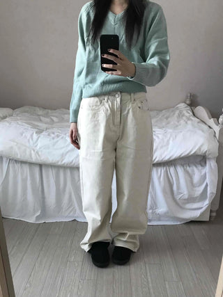 Back Buckle Point Tapered Wide Denim Pants