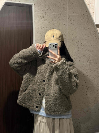 Fuzzy Fleece Big Collar Short Shearling Coat
