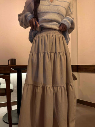 Natural Tier Shirred Elastic Cotton Maxi Skirt