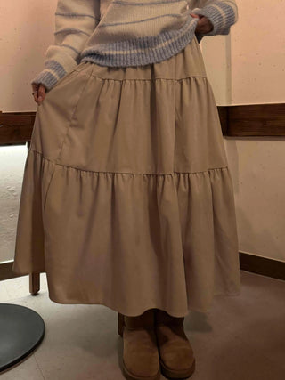 Natural Tier Shirred Elastic Cotton Maxi Skirt