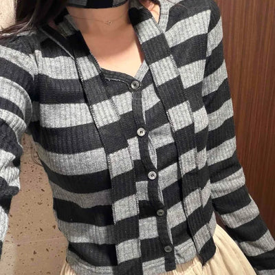 Retro Ribbed Border Button Crop Cardigan T-shirt