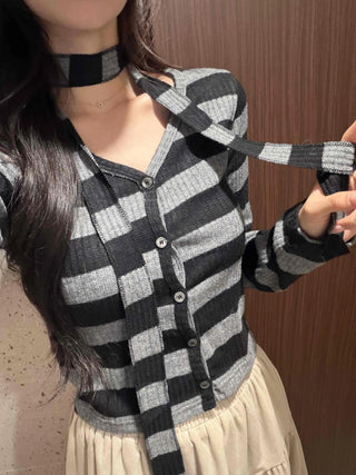 Retro Ribbed Border Button Crop Cardigan T-shirt