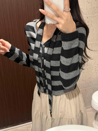 Retro Ribbed Border Button Crop Cardigan T-shirt
