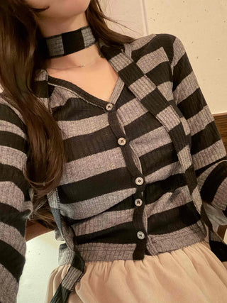 Retro Ribbed Border Button Crop Cardigan T-shirt