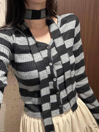 Retro Ribbed Border Button Crop Cardigan T-shirt