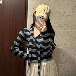 Retro Ribbed Border Button Crop Cardigan T-shirt