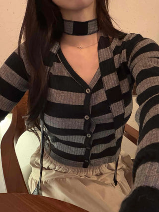 Retro Ribbed Border Button Crop Cardigan T-shirt
