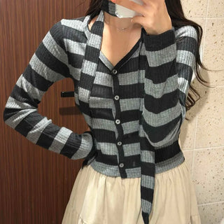 Retro Ribbed Border Button Crop Cardigan T-shirt