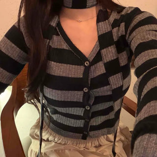 Retro Ribbed Border Button Crop Cardigan T-shirt