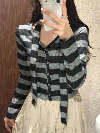 Retro Ribbed Border Button Crop Cardigan T-shirt