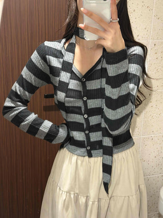 Retro Ribbed Border Button Crop Cardigan T-shirt