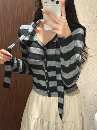 Retro Ribbed Border Button Crop Cardigan T-shirt