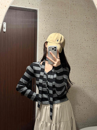 Retro Ribbed Border Button Crop Cardigan T-shirt