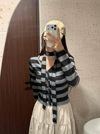 Retro Ribbed Border Button Crop Cardigan T-shirt