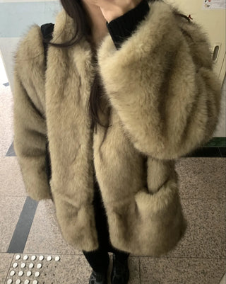 Soft Faux Fur Collarless Crop Boxy Coat