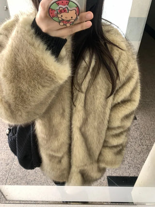 Soft Faux Fur Collarless Crop Boxy Coat