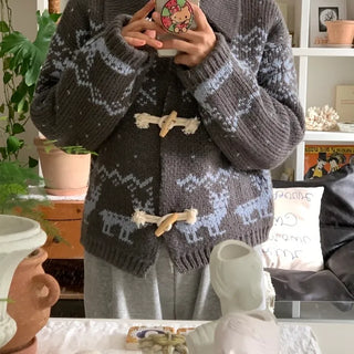 Fair Isle Toggle Shawl Collar Fleece Cardigan