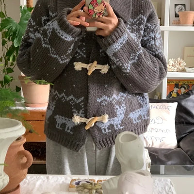 Fair Isle Toggle Shawl Collar Fleece Cardigan