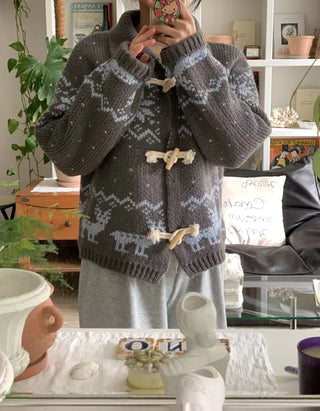 Fair Isle Toggle Shawl Collar Fleece Cardigan