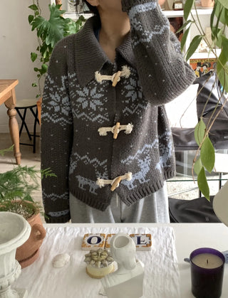 Fair Isle Toggle Shawl Collar Fleece Cardigan