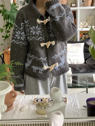 Fair Isle Toggle Shawl Collar Fleece Cardigan