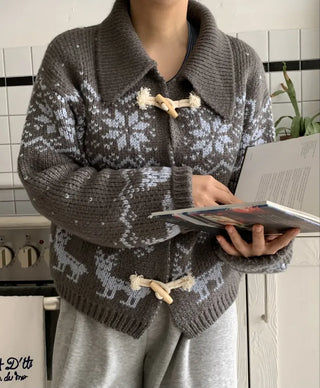 Fair Isle Toggle Shawl Collar Fleece Cardigan